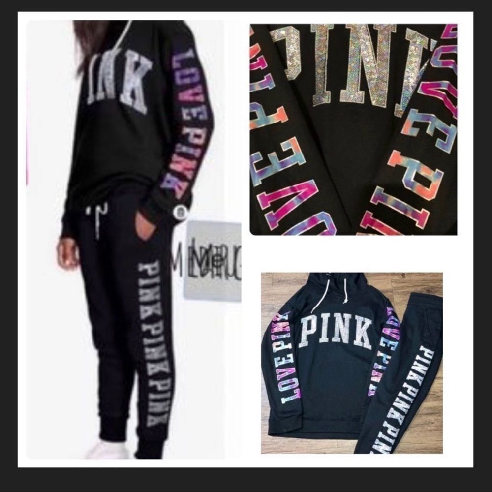 PINK VS HTF WATERCOLOR BLING HOODIE/ IRIDESCENT JOGGERS OUTFIT SET XS/M